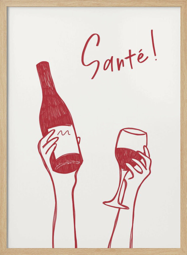 Hands holding a wine bottle and a wine glass with the text "Cheers!" in French | Poster