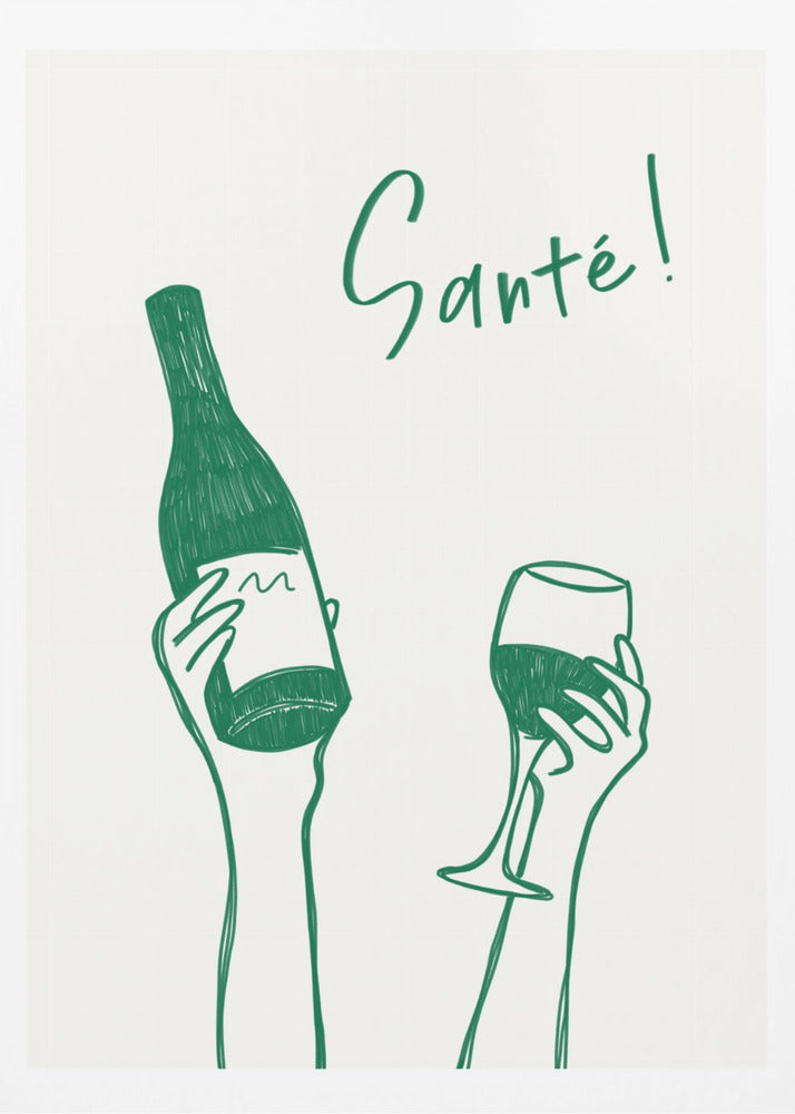Hands holding a wine bottle and a wine glass with the text "Cheers!" in French | Poster