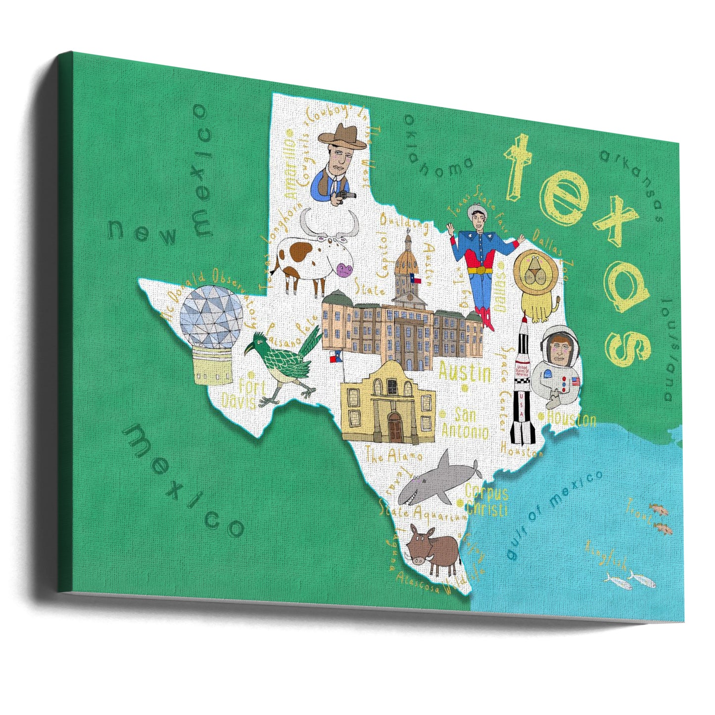 Illustration de la carte de l'État du Texas par l'artiste cartographe Carla Daly | Tableaux sur Toile