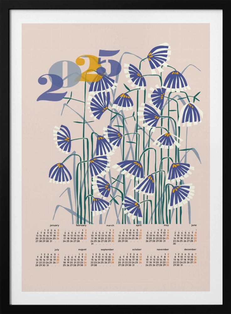 calendar 2025 Linocut flowers peachy pastel | Poster