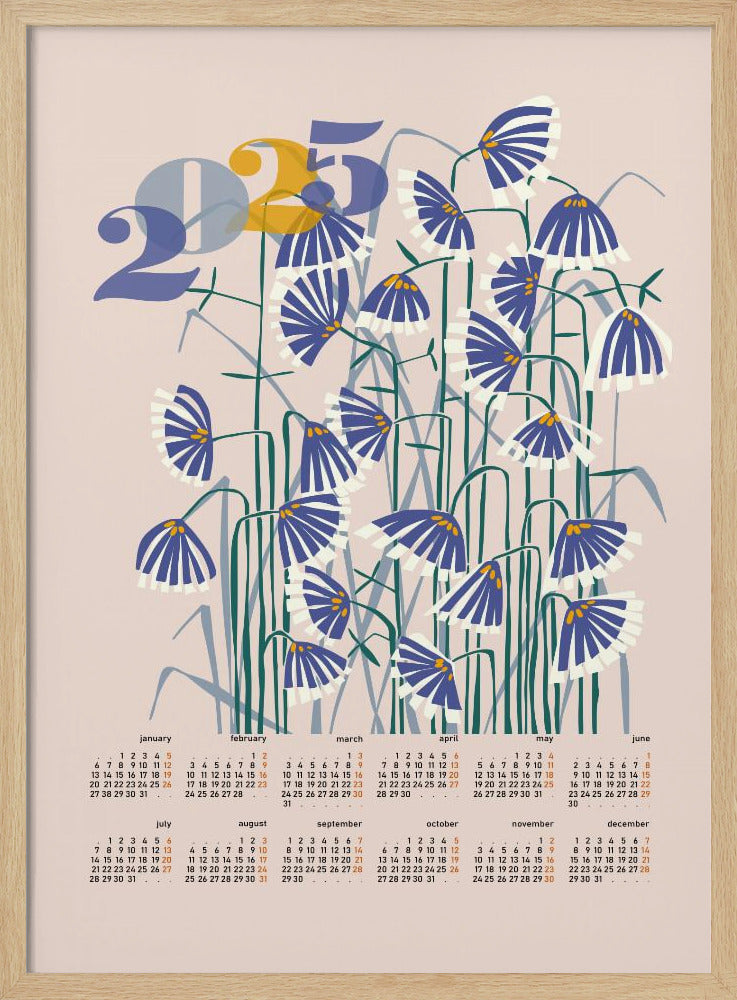 calendar 2025 Linocut flowers peachy pastel | Poster