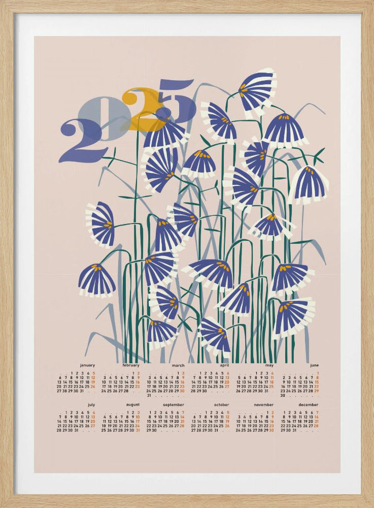 calendar 2025 Linocut flowers peachy pastel | Poster
