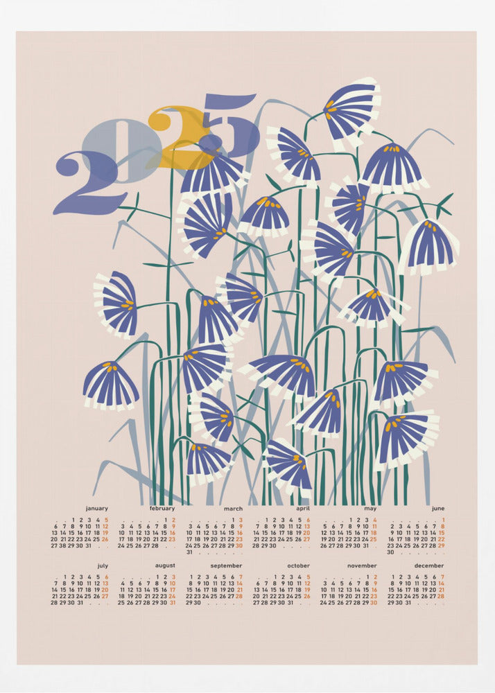 calendar 2025 Linocut flowers peachy pastel | Poster