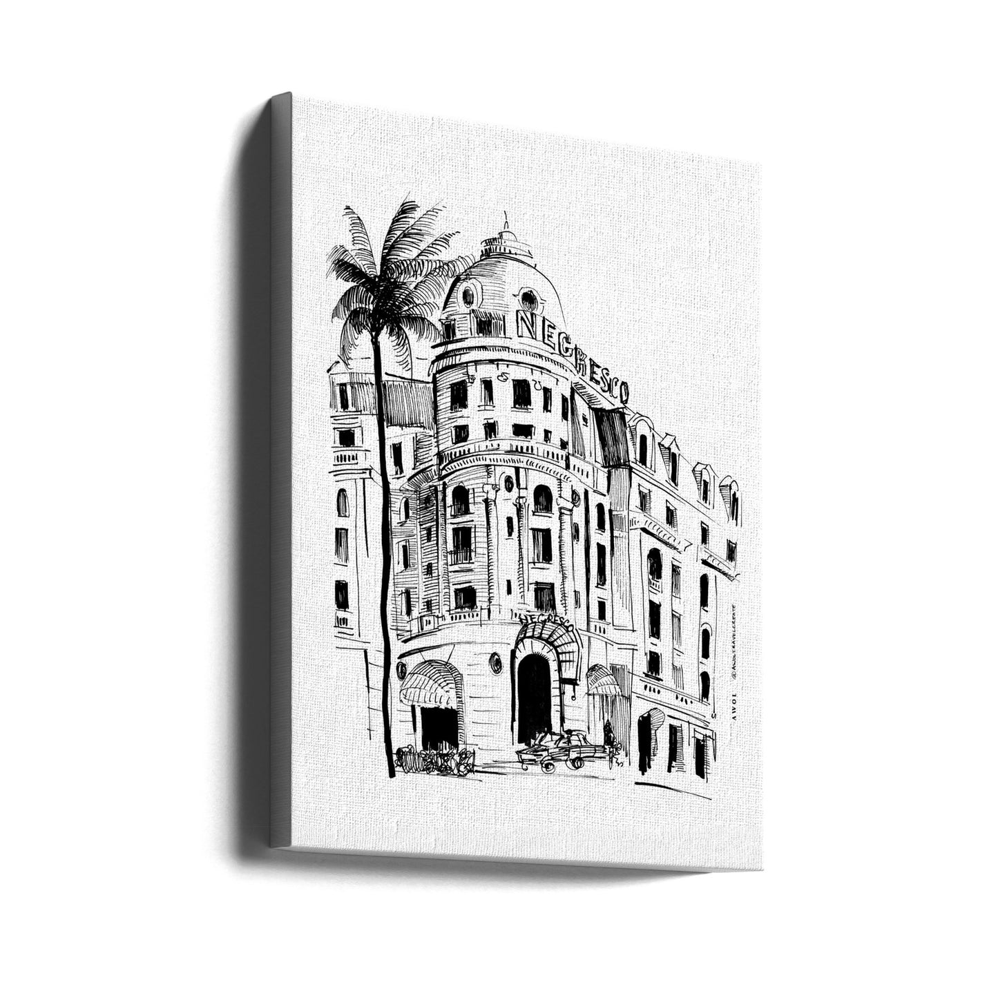 Kunstdruck von Nizza, Französische Riviera mit Architekturzeichnung des Negresco Hotels | Leinwand-Bilder