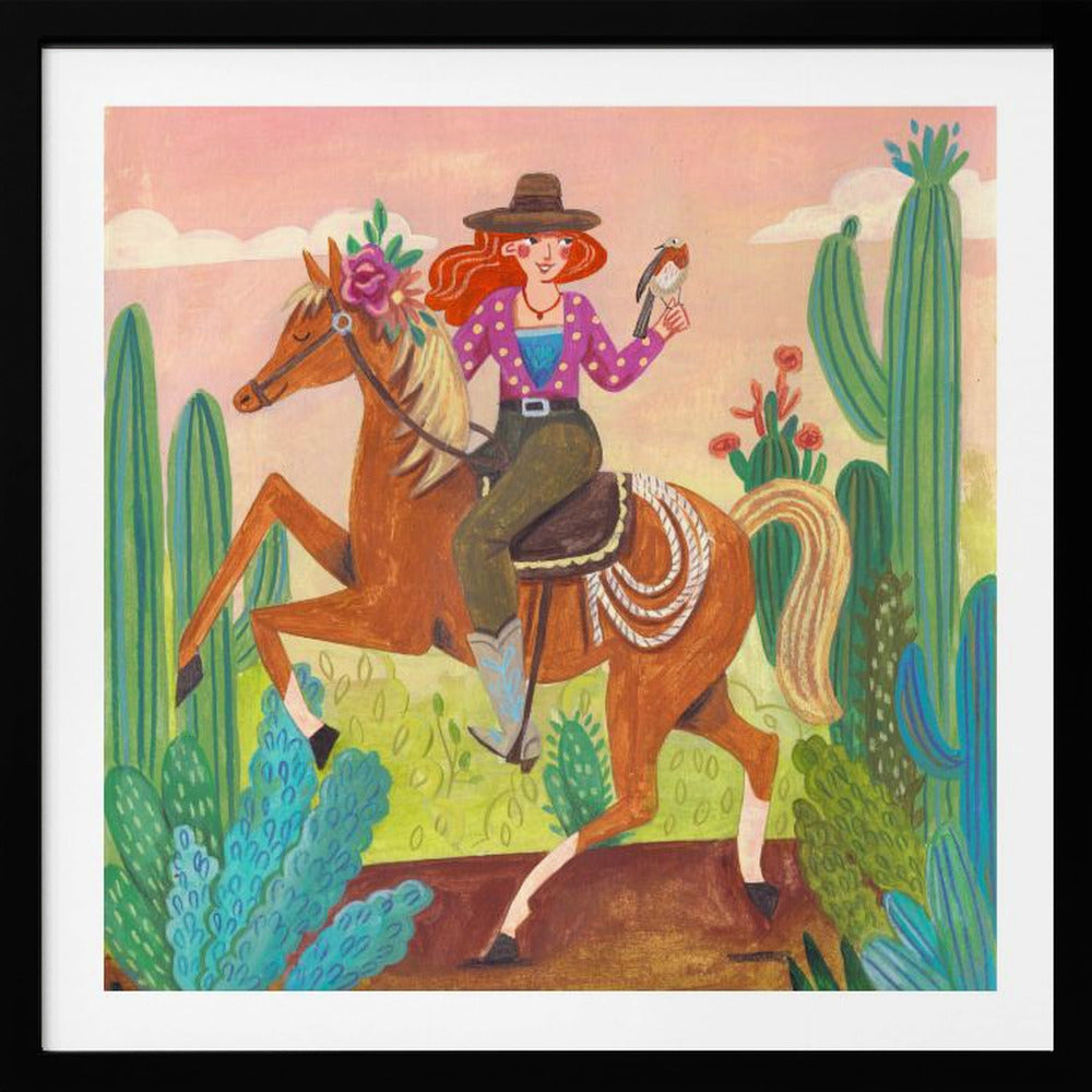 Cowgirl på hest i ørkenen | Plakater - Kunsttryk