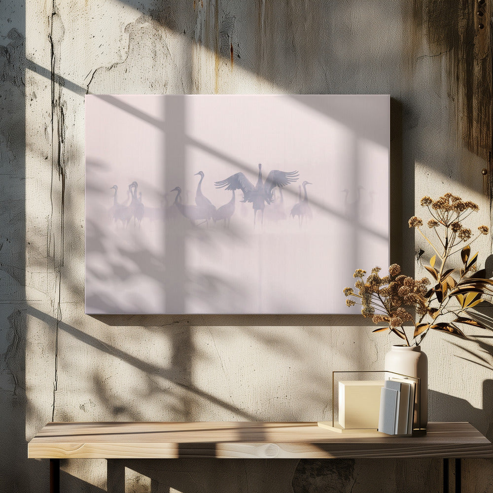 Grues cendrées dans la brume matinale | Tableaux sur Toile