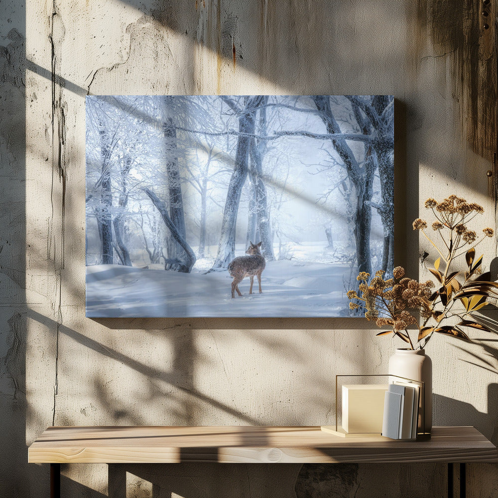 Sikahjorten i den snötäckta skogen | Canvas