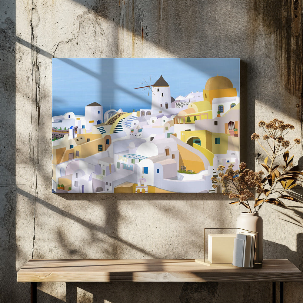 Santorin, bâtiments grecs jaunes et blancs par l'artiste Carla Daly | Tableaux sur Toile