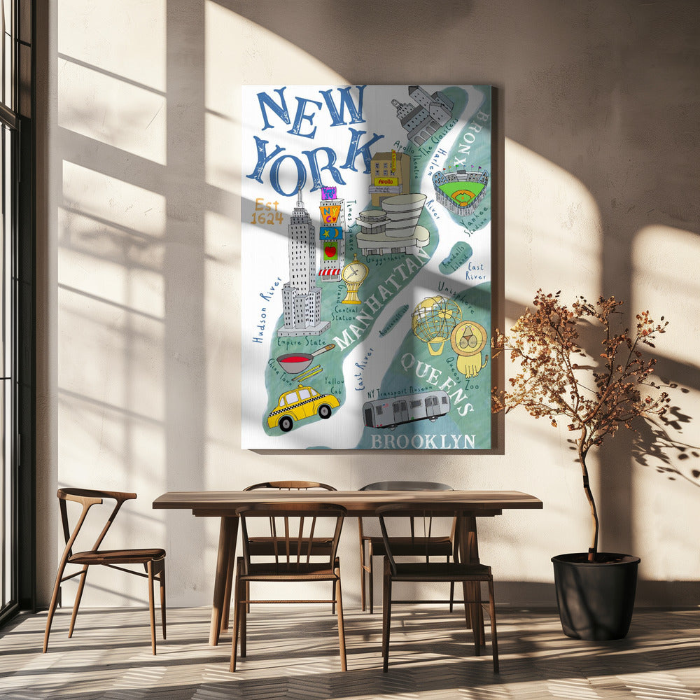 Kuvitettu New Yorkin kartta taiteilija Carla Dalyn toimesta | Canvastaulut