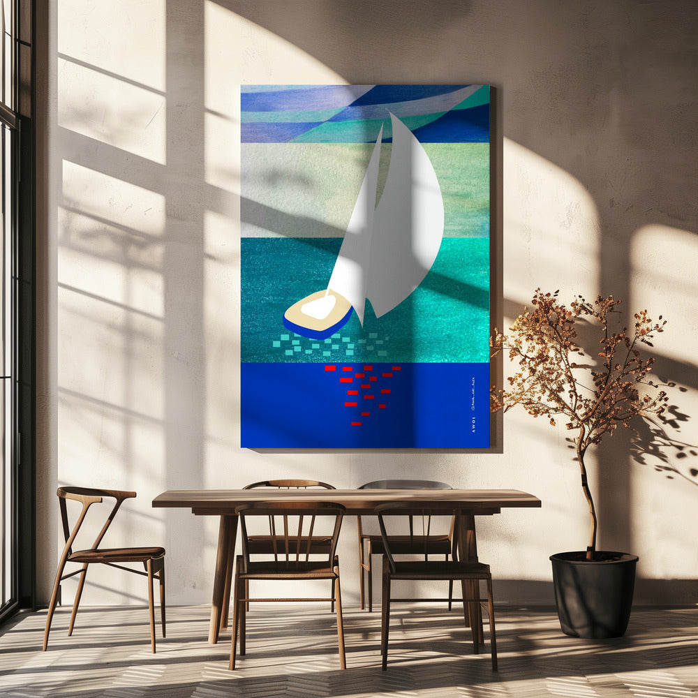 Vit segelbåt med reflektioner, abstrakt havskonst med grafiska ränder | Canvas