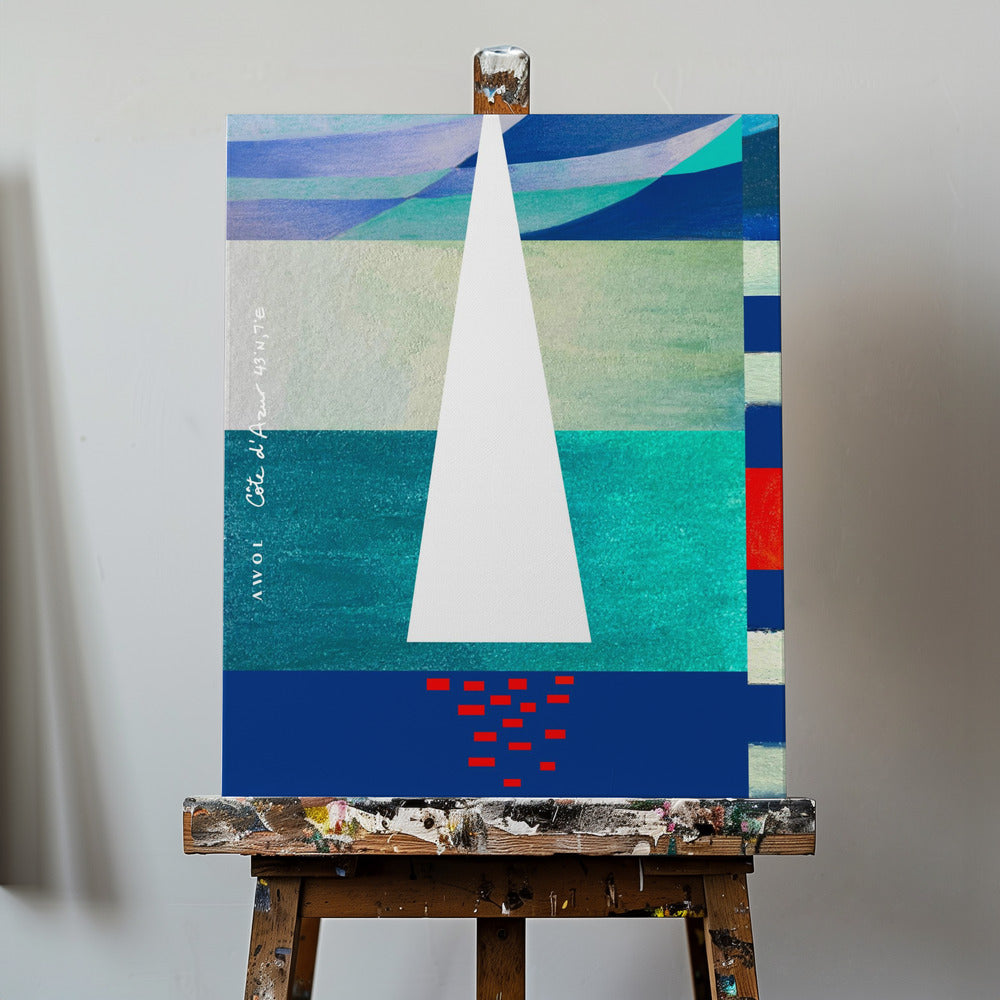 Abstrakt segelbåt på den franska rivieran, färgglad fransk riviera konsttryck | Canvas