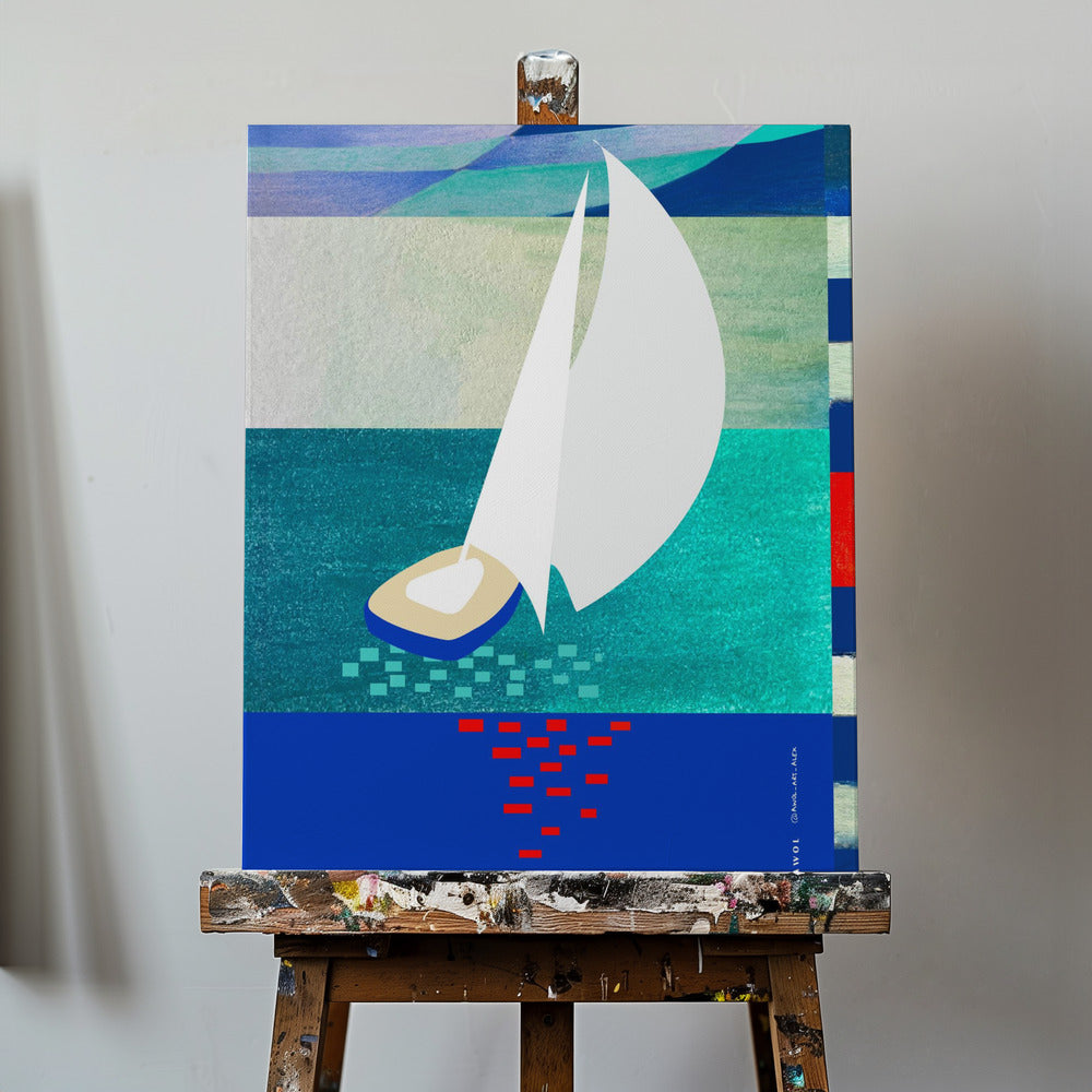 Vit segelbåt med reflektioner, abstrakt havskonst med grafiska ränder | Canvas