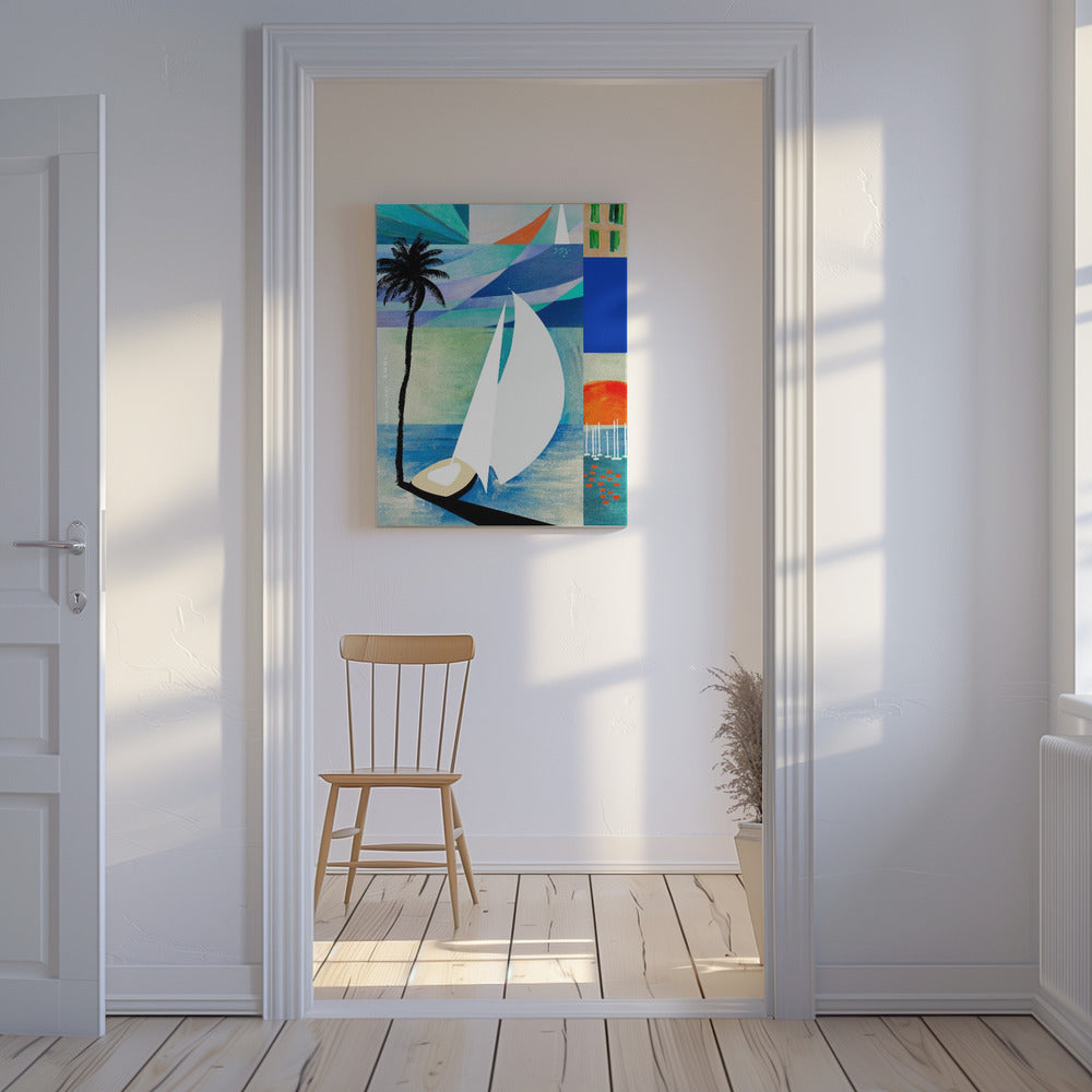 Färgglatt resetryck med medelhavsmotiv och palmträd | Canvas