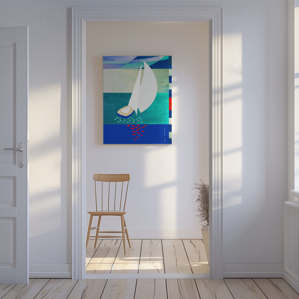 Vit segelbåt med reflektioner, abstrakt havskonst med grafiska ränder | Canvas