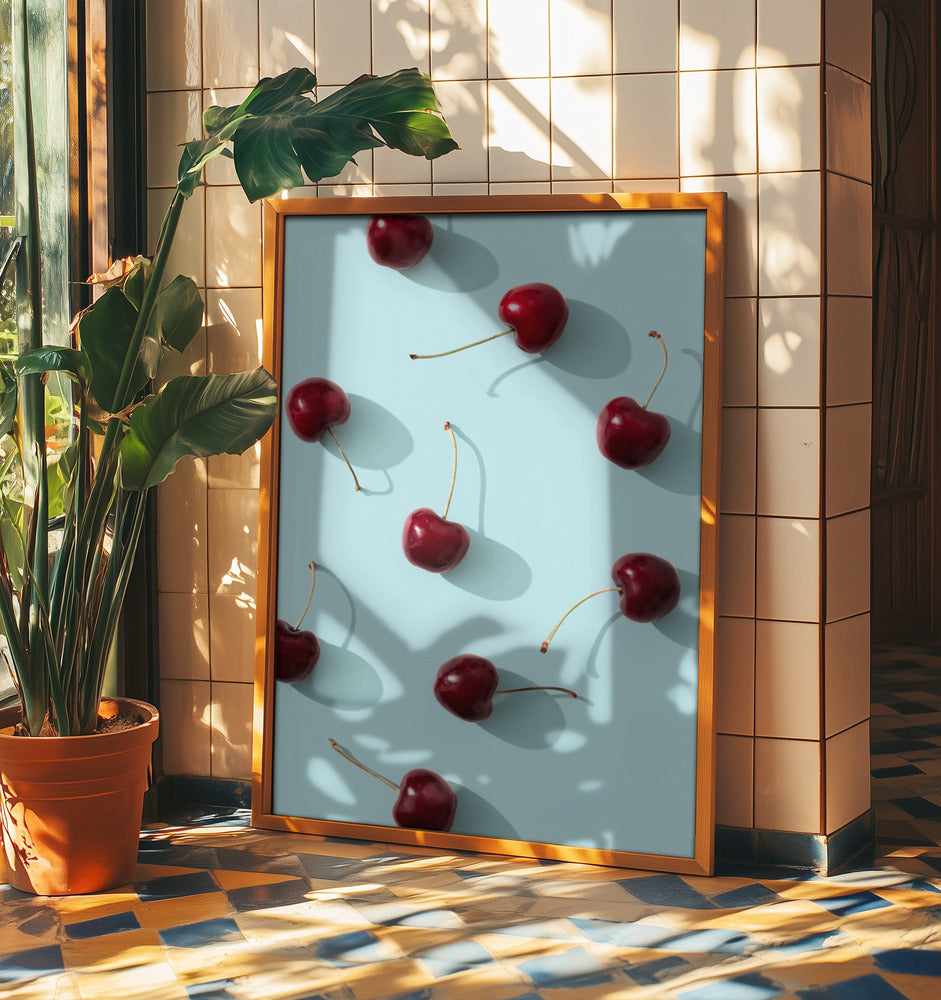 Kersen op turquoise achtergrond | Posters - Kunstdrukken