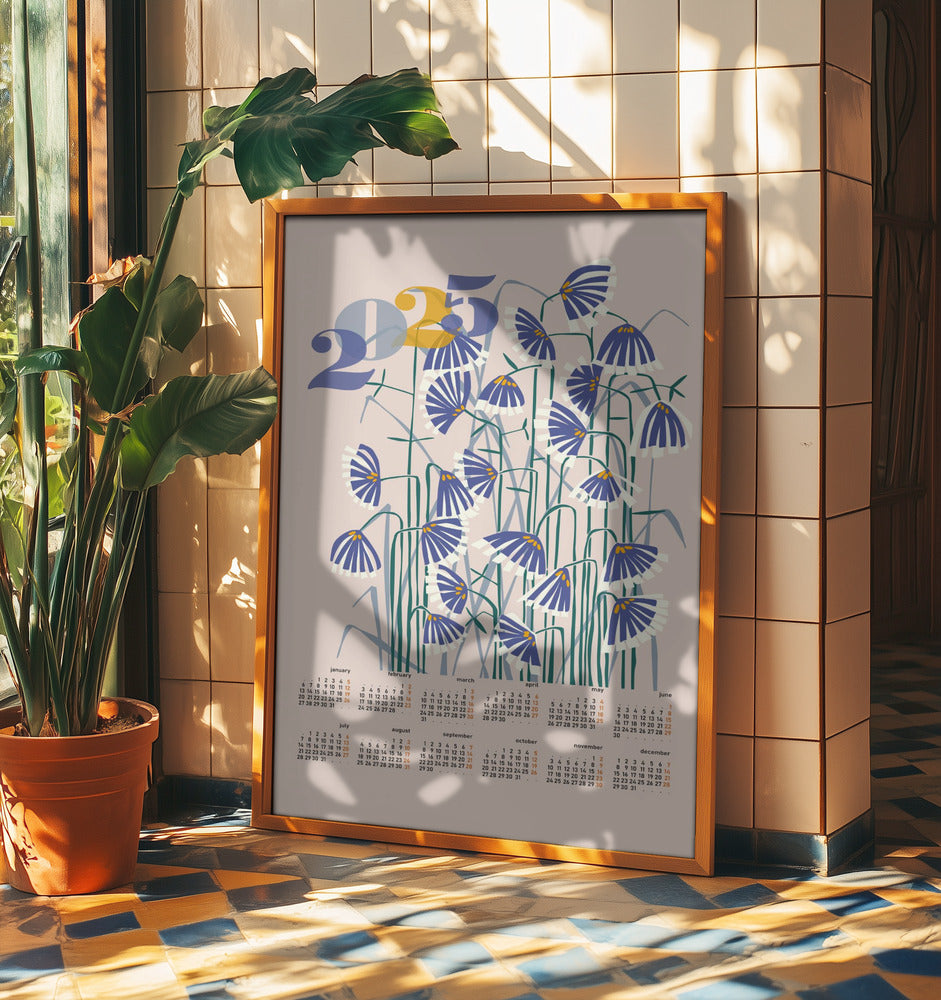 calendar 2025 Linocut flowers peachy pastel | Poster