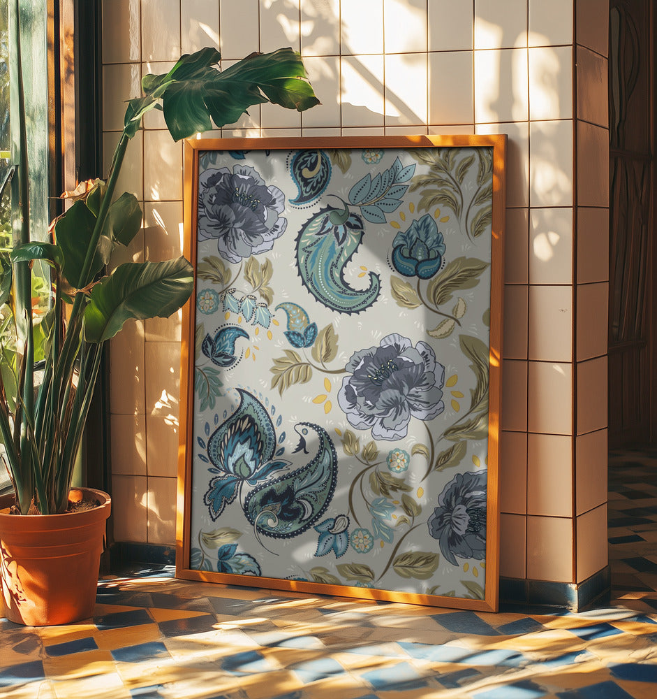 Floral Heritage paisley hazy blue pattern | Poster