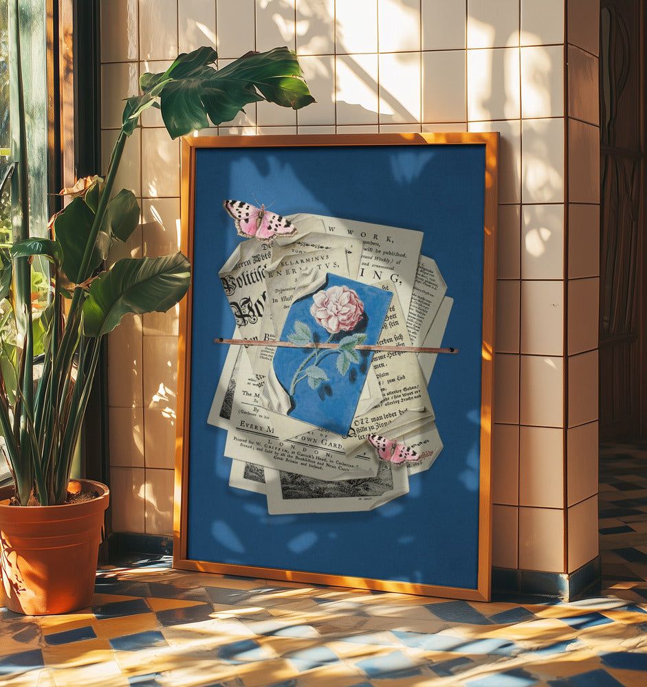 Rosa ros omgiven av vintagepapper | Poster