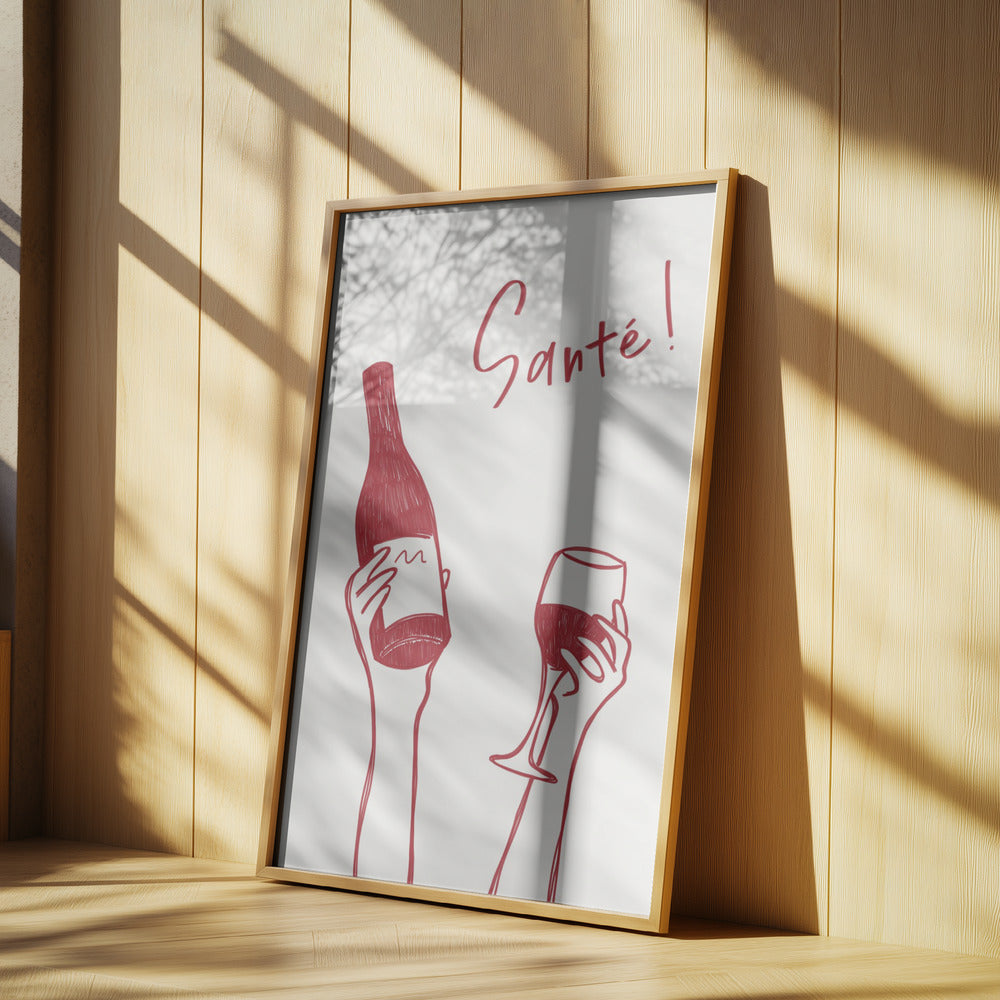 Hands holding a wine bottle and a wine glass with the text "Cheers!" in French | Poster