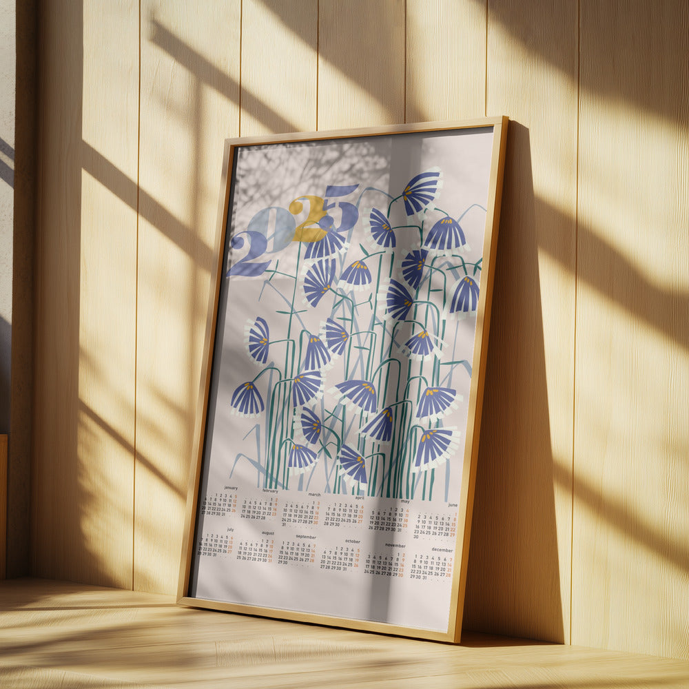 calendar 2025 Linocut flowers peachy pastel | Poster