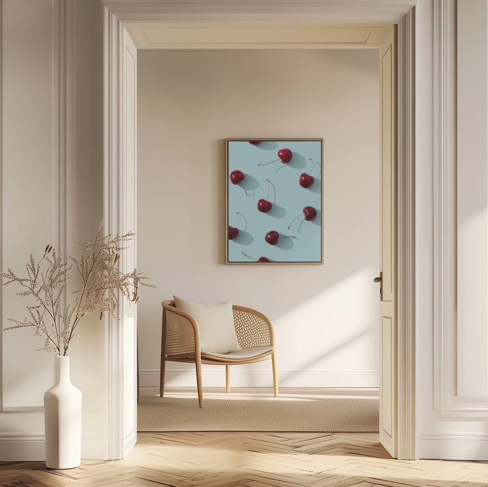 Kersen op turquoise achtergrond | Posters - Kunstdrukken