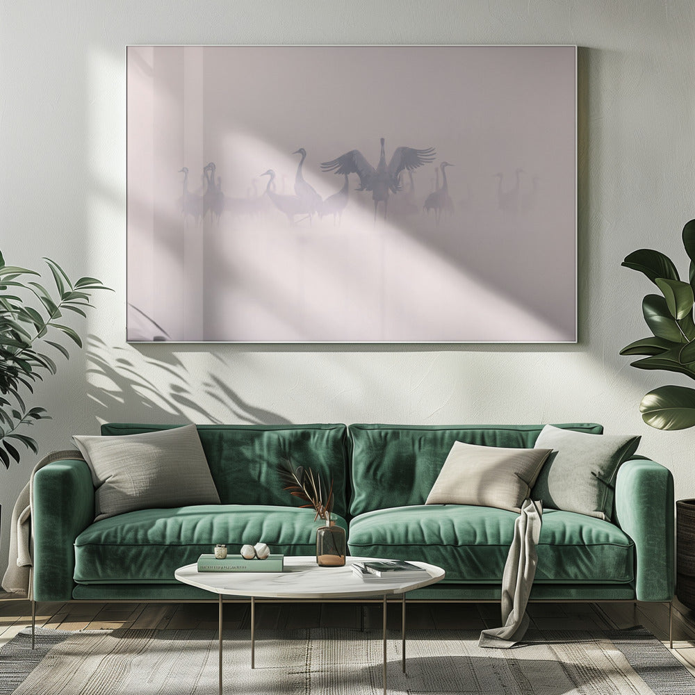 Grues cendrées dans la brume matinale | Tableaux sur Toile