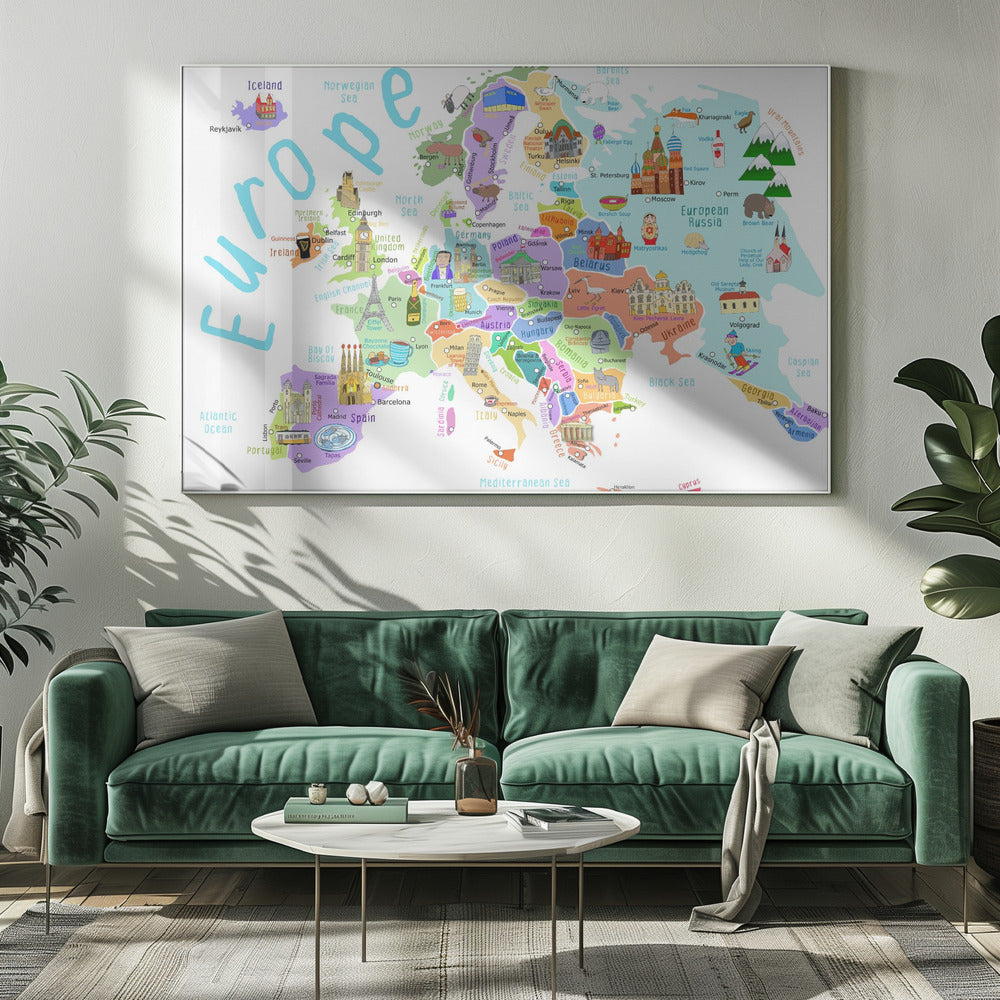 Carte illustrée de l'Europe par l'illustratrice de cartes Carla Daly | Tableaux sur Toile