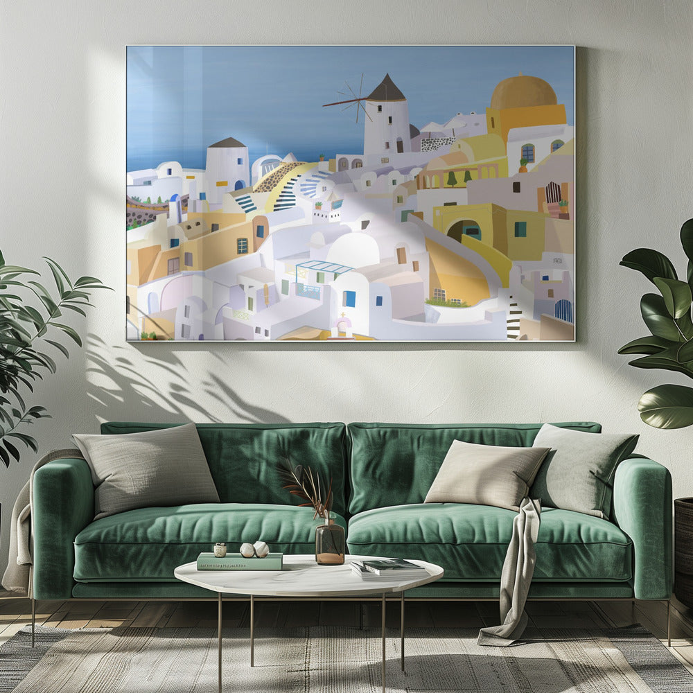 Santorin, bâtiments grecs jaunes et blancs par l'artiste Carla Daly | Tableaux sur Toile
