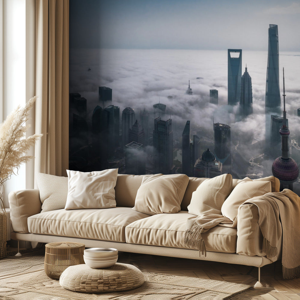 Shanghai en la niebla desde arriba | Papel Pintado Fotográfico
