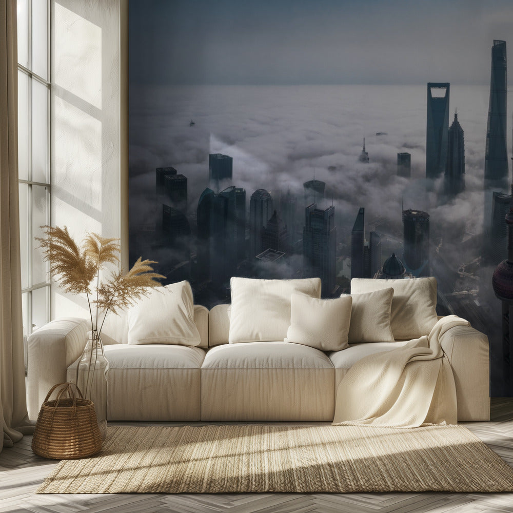 Shanghai en la niebla desde arriba | Papel Pintado Fotográfico