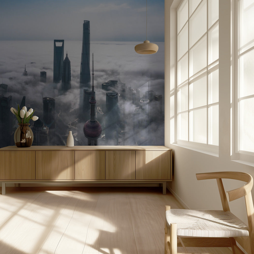 Shanghai en la niebla desde arriba | Papel Pintado Fotográfico