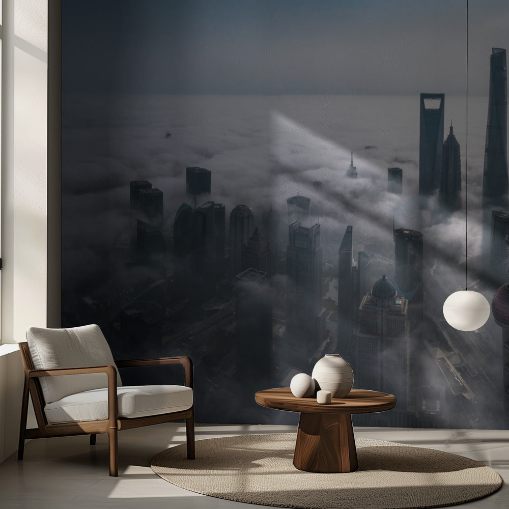 Shanghai en la niebla desde arriba | Papel Pintado Fotográfico