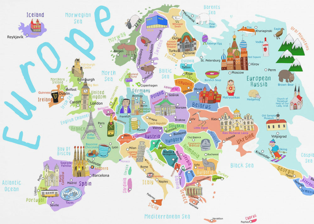 Carte illustrée de l'Europe par l'illustratrice de cartes Carla Daly | Tableaux sur Toile