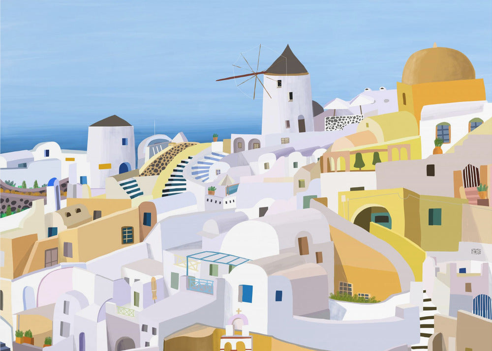 Santorin, bâtiments grecs jaunes et blancs par l'artiste Carla Daly | Tableaux sur Toile