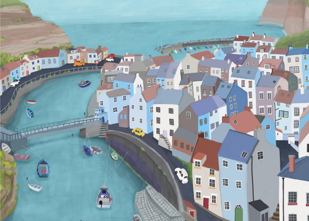 Vue aérienne de Staithes, Royaume-Uni par l'artiste Carla Daly | Tableaux sur Toile