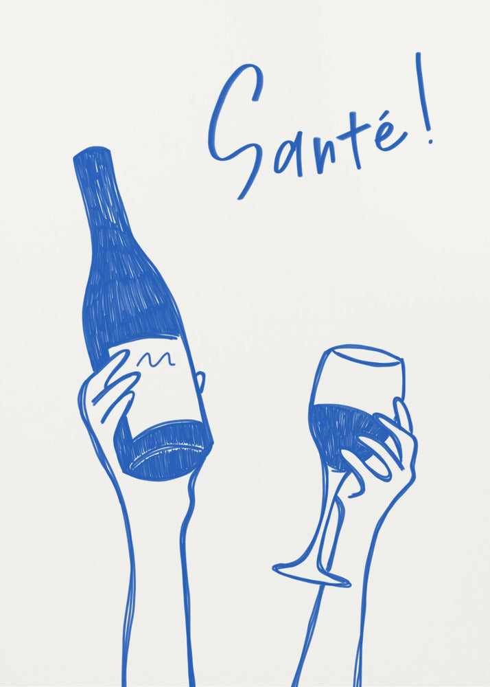 Hands holding a wine bottle and a wine glass with the text "Cheers!" in French | Poster