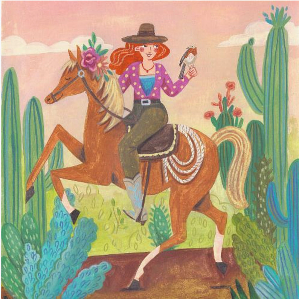 Cowgirl på hest i ørkenen | Plakater - Kunsttryk
