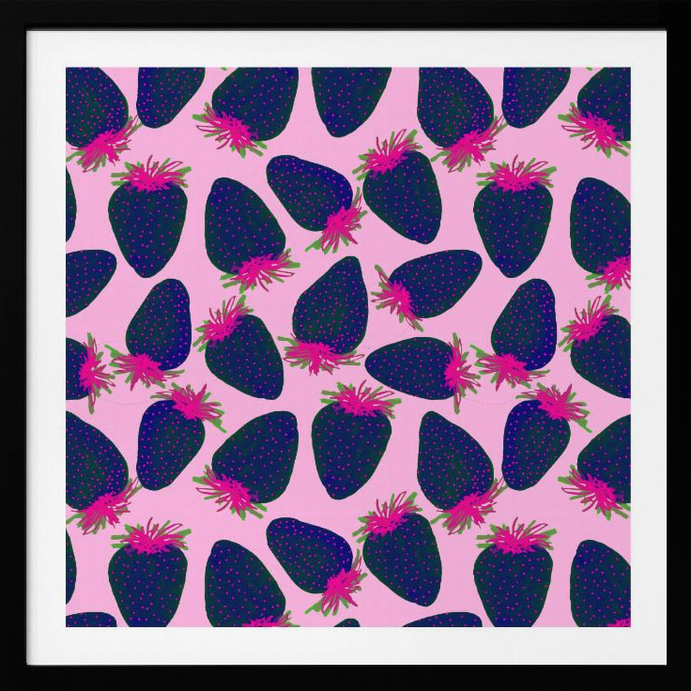 Fraises Fruit Bleu Marine Rose Sur Rose | Posters - Affiche Artistique