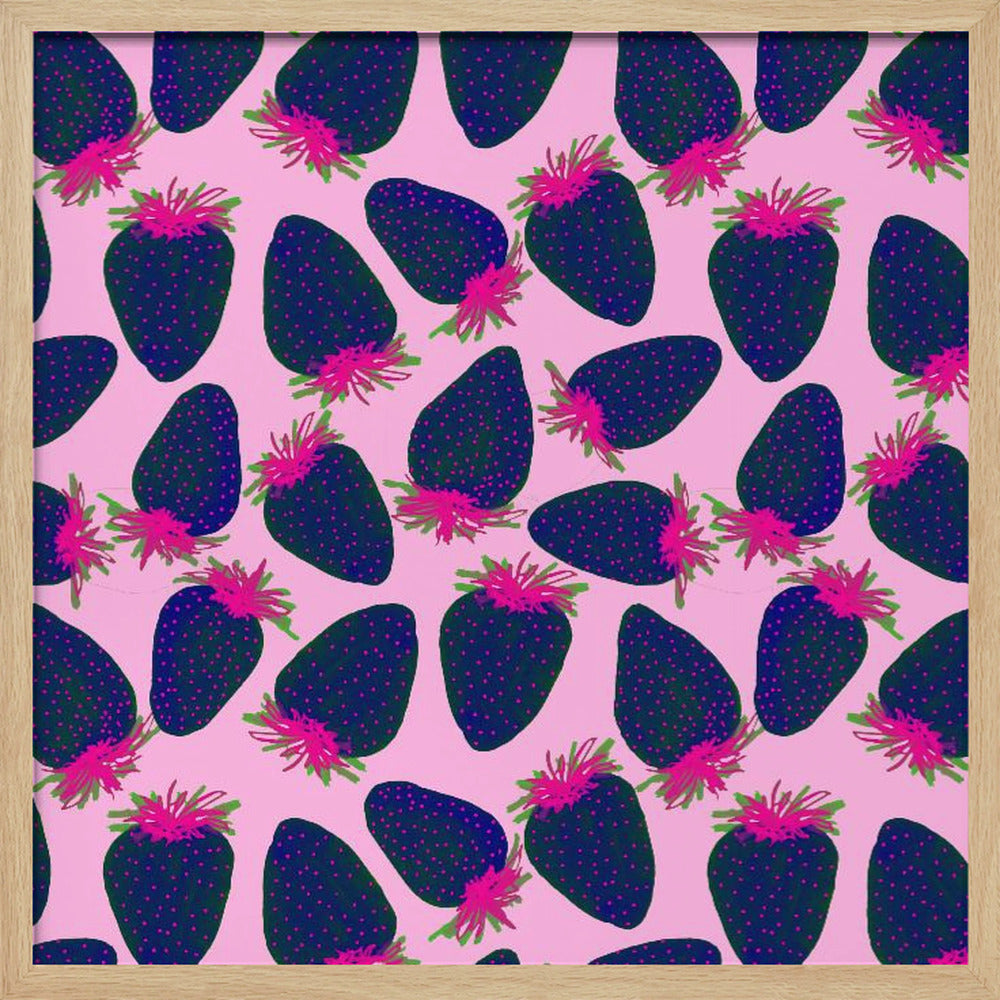 Fraises Fruit Bleu Marine Rose Sur Rose | Posters - Affiche Artistique