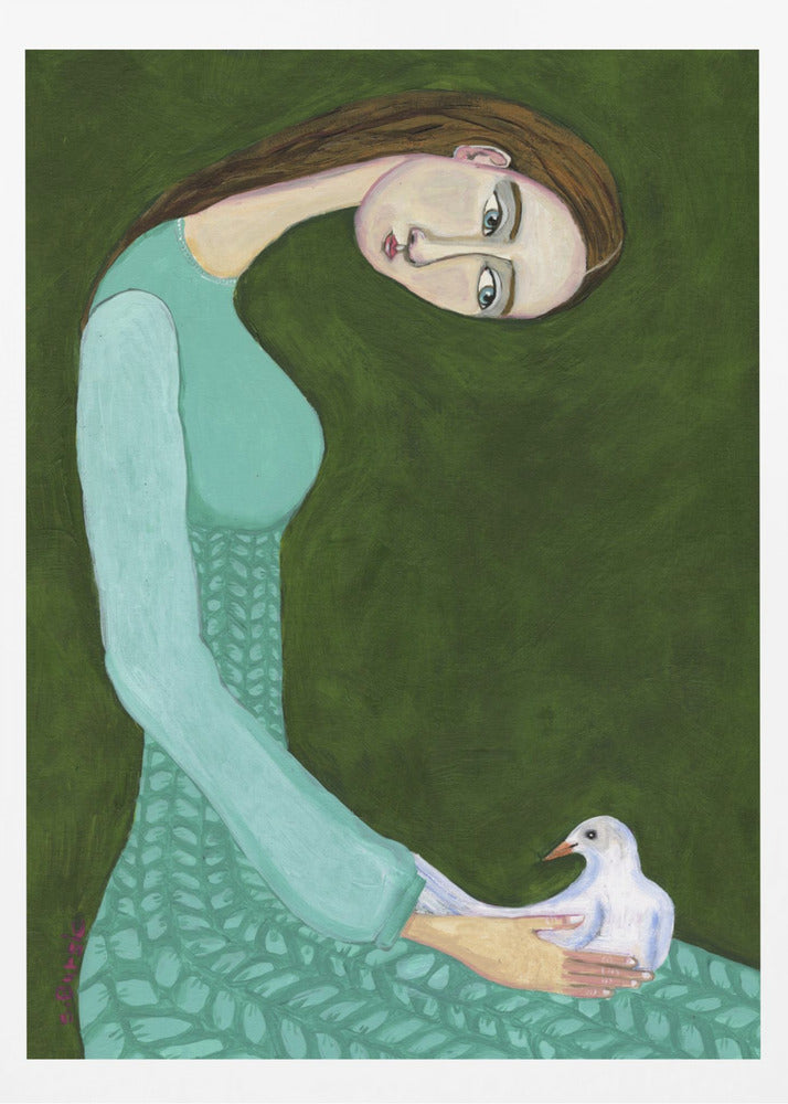 Lady sitting with white dove bird woman | Poster