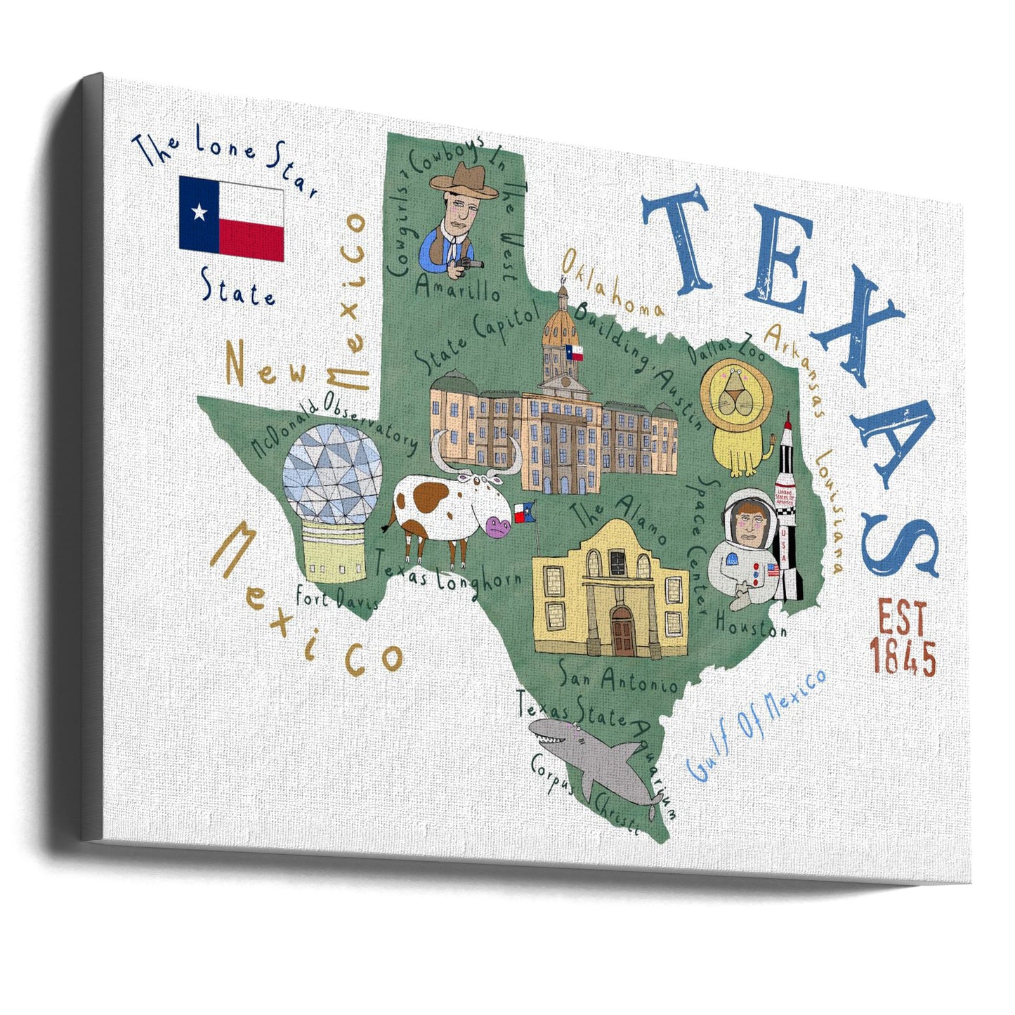 Carte de l'État du Texas illustrée par l'artiste Carla Daly | Tableaux sur Toile