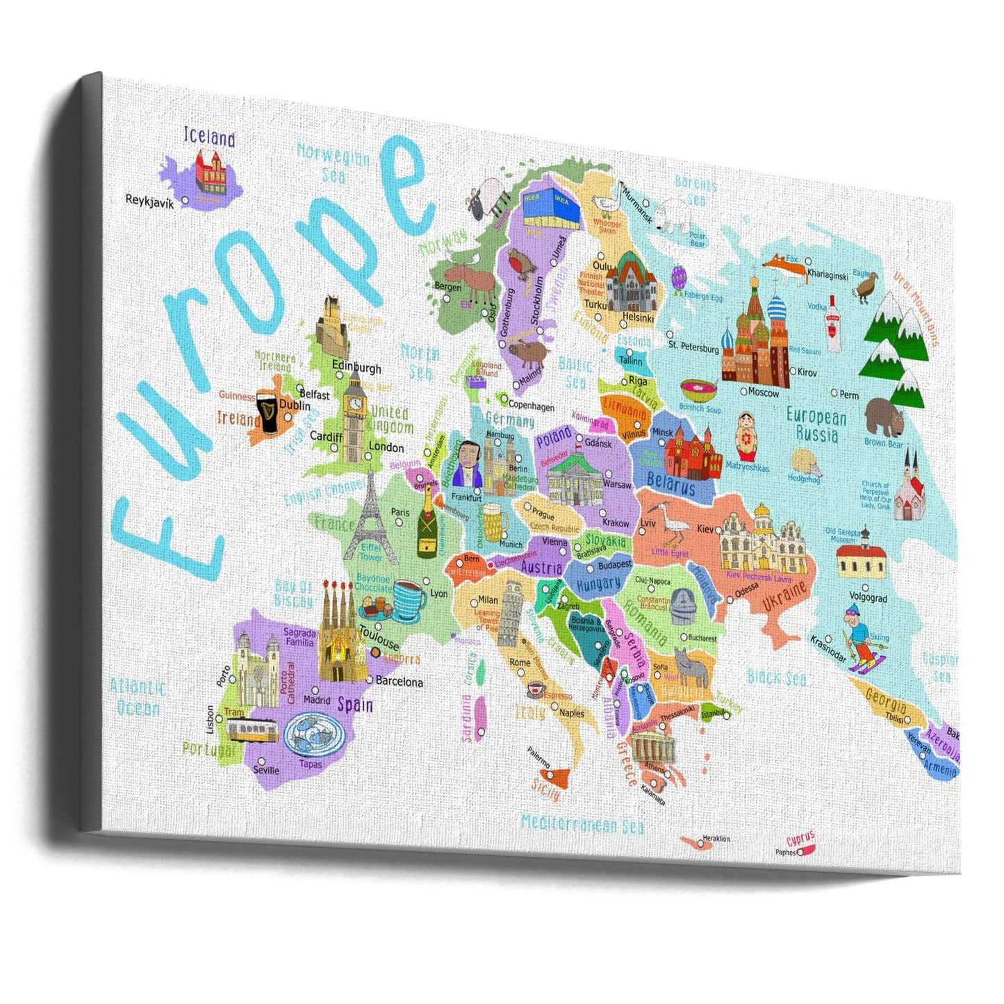 Carte illustrée de l'Europe par l'illustratrice de cartes Carla Daly | Tableaux sur Toile