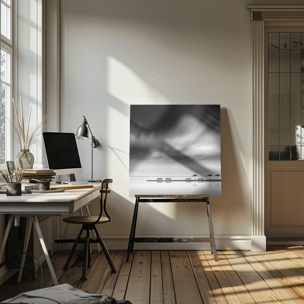 Quatre bancs et trois parasols | Tableaux sur Toile