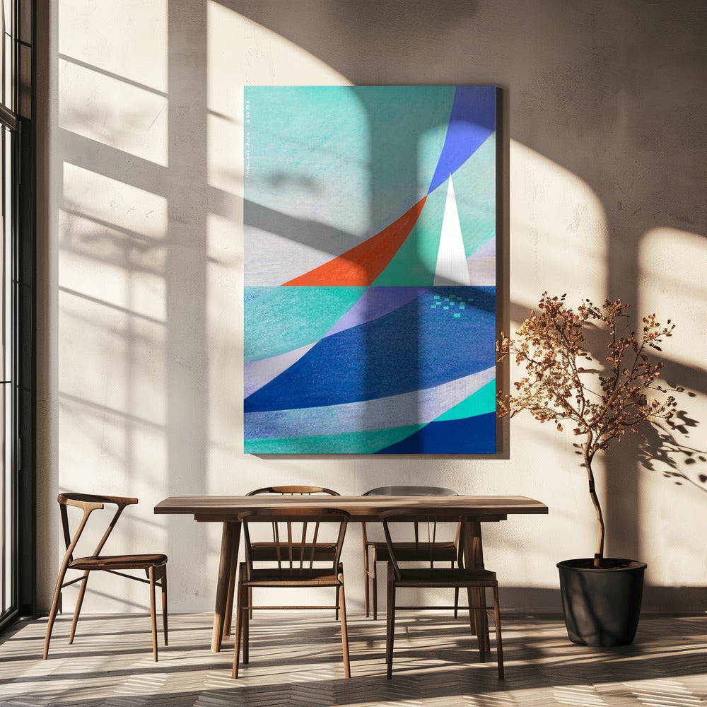 Art océanique abstrait avec voilier blanc minimaliste sur la mer | Tableaux sur Toile