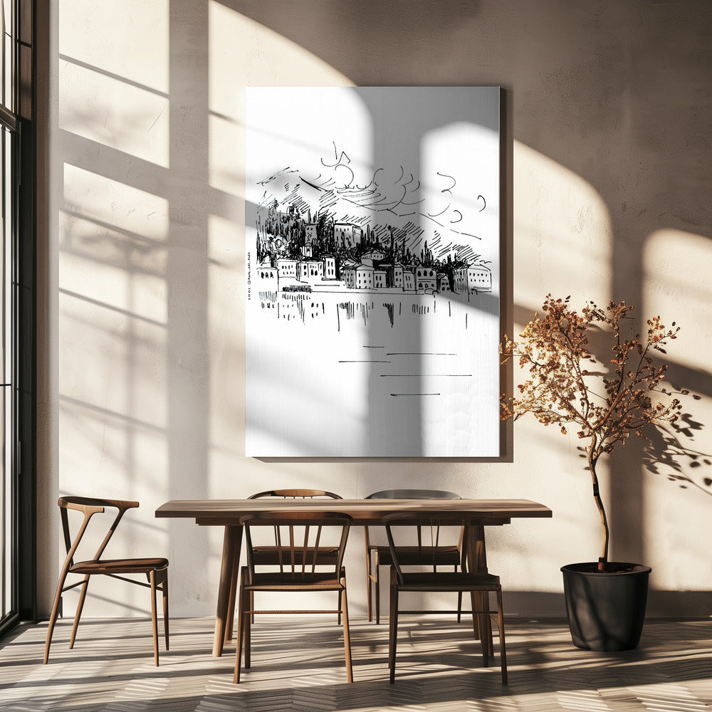 Impresión artística de paisaje de Italia, dibujo del lago de Como en Milán | Impresiones en Lienzo
