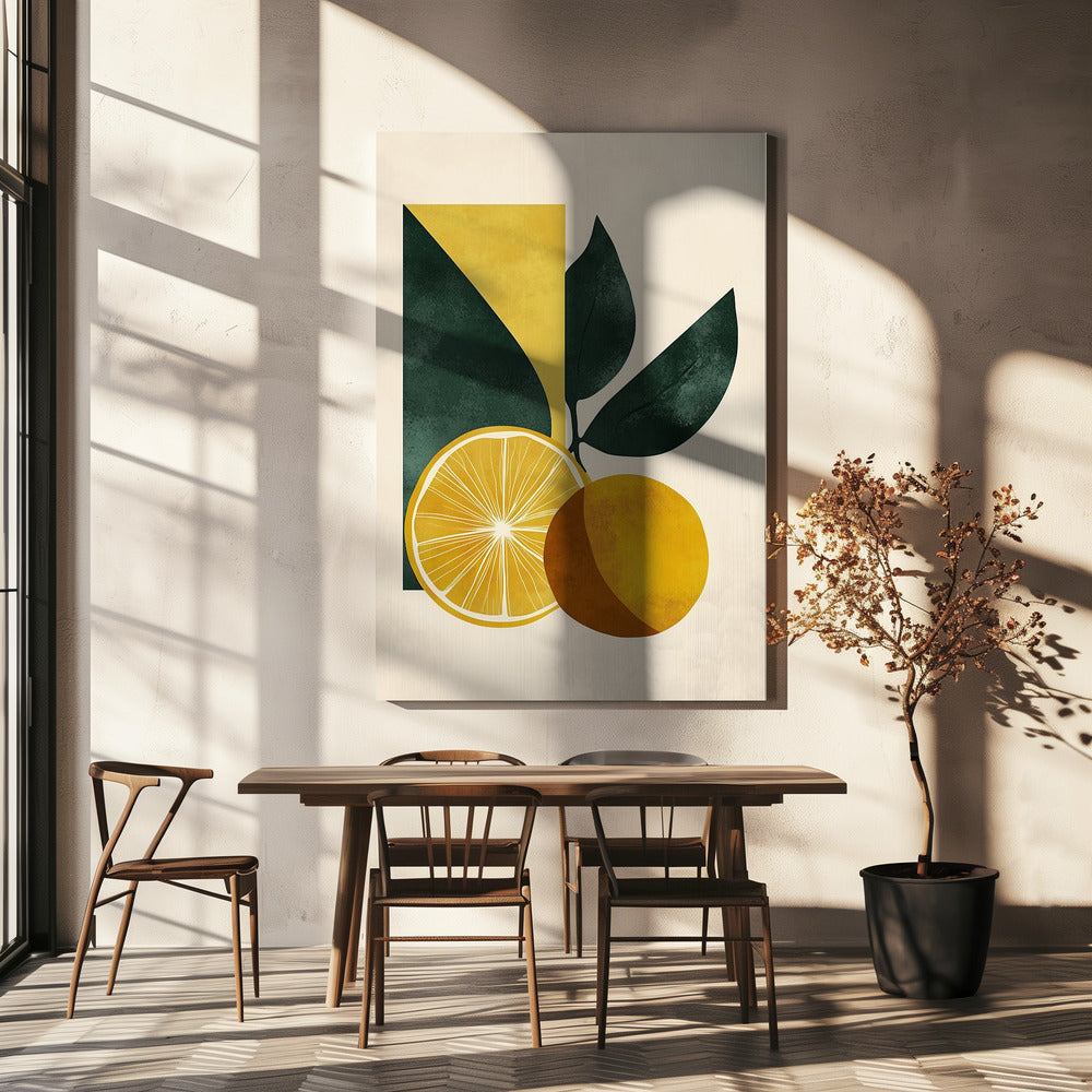 Gelbe Zitrone mit grünen Blättern Serenity | Leinwand