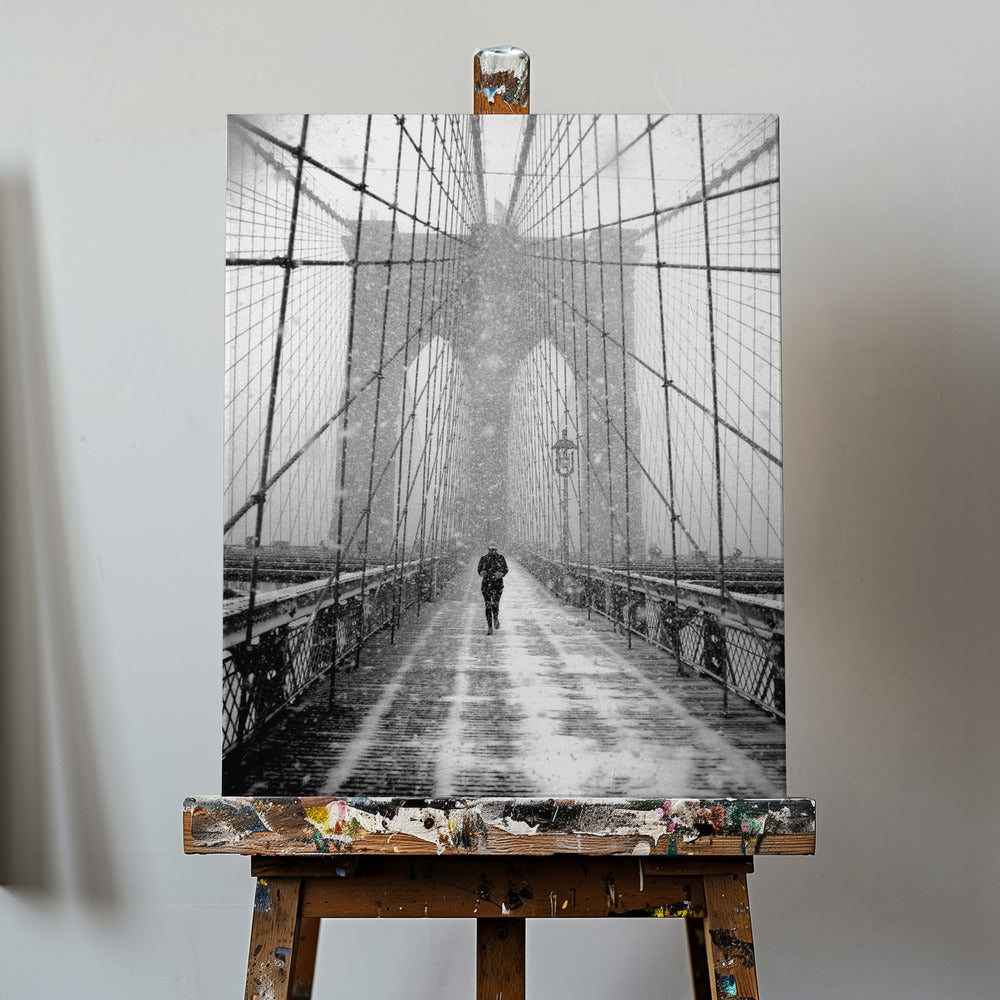 New York Walker in Blizzard - Brooklyn Bridge | Canvas