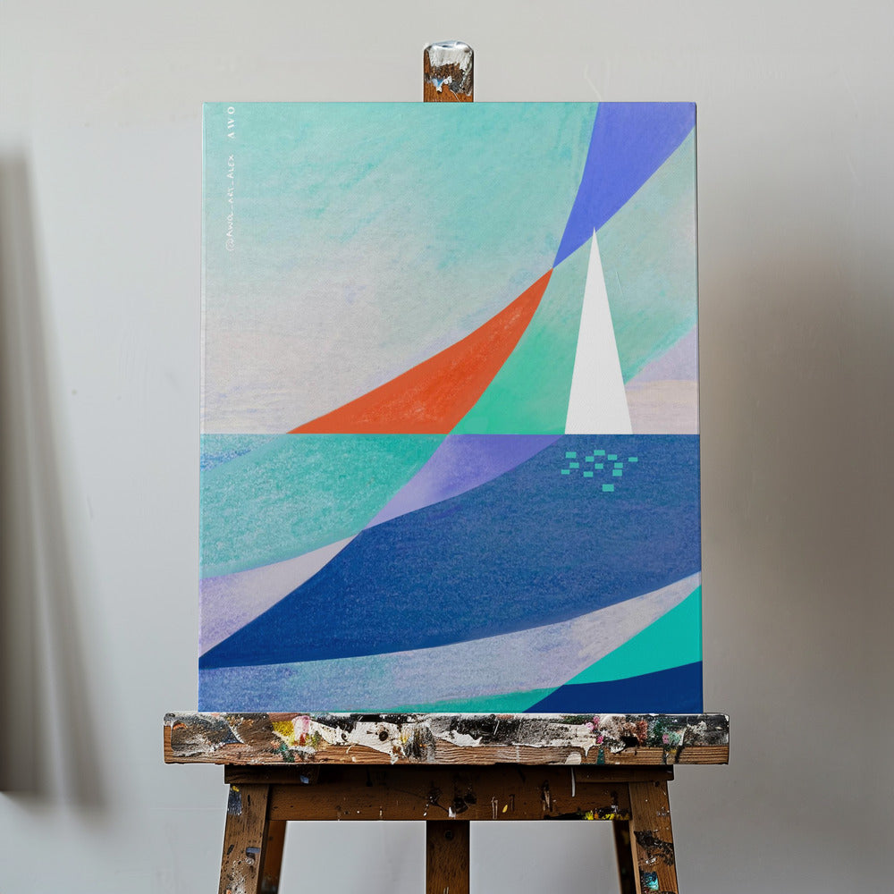 Art océanique abstrait avec voilier blanc minimaliste sur la mer | Tableaux sur Toile