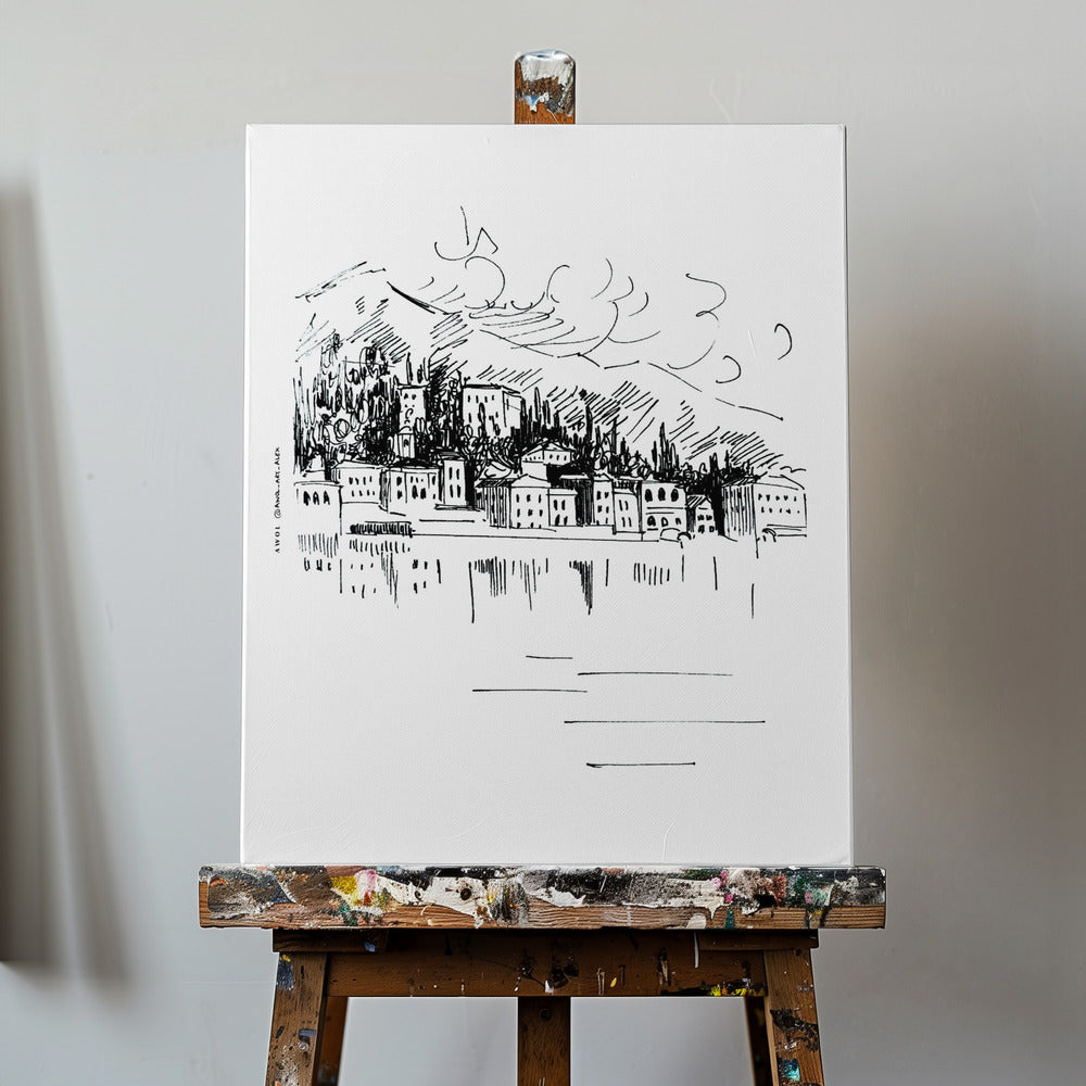 Impresión artística de paisaje de Italia, dibujo del lago de Como en Milán | Impresiones en Lienzo