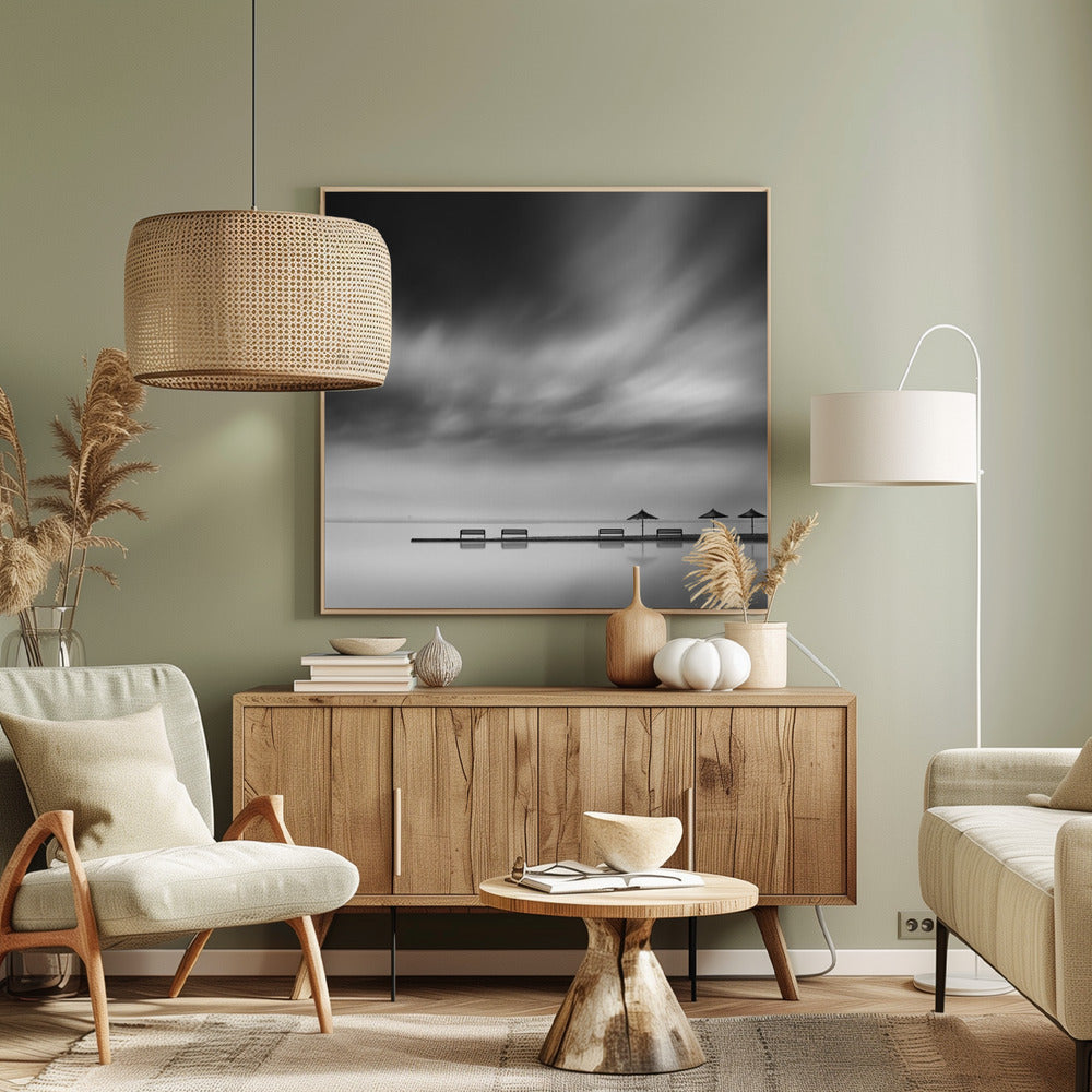 Quatre bancs et trois parasols | Tableaux sur Toile
